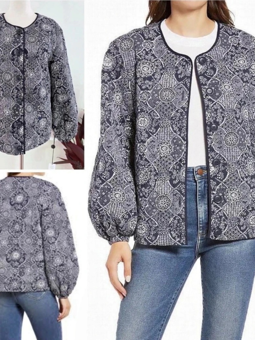 Treasure & Bond for Nordstrom Quilted Lined Jacket Paisley in Navy & White size